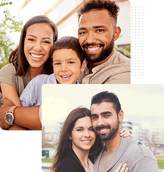Two smiling couples; one with a woman, man, and child hugging, the other with a woman and man embracing outdoors.