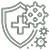 Shield with a cross symbol and gear icons representing protection and immunity.